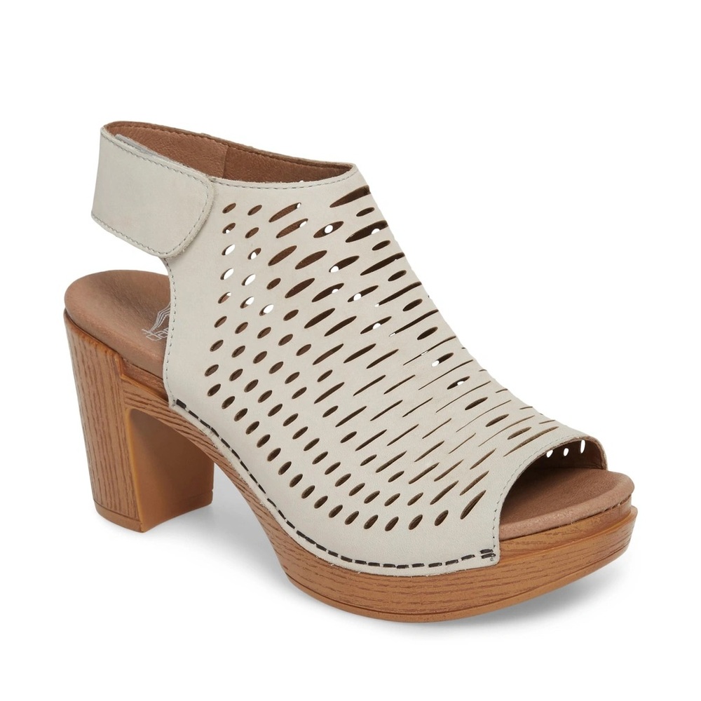 Dansko Danae Laser Cut Leather Block Heel Sandals in Oyster  Size 41